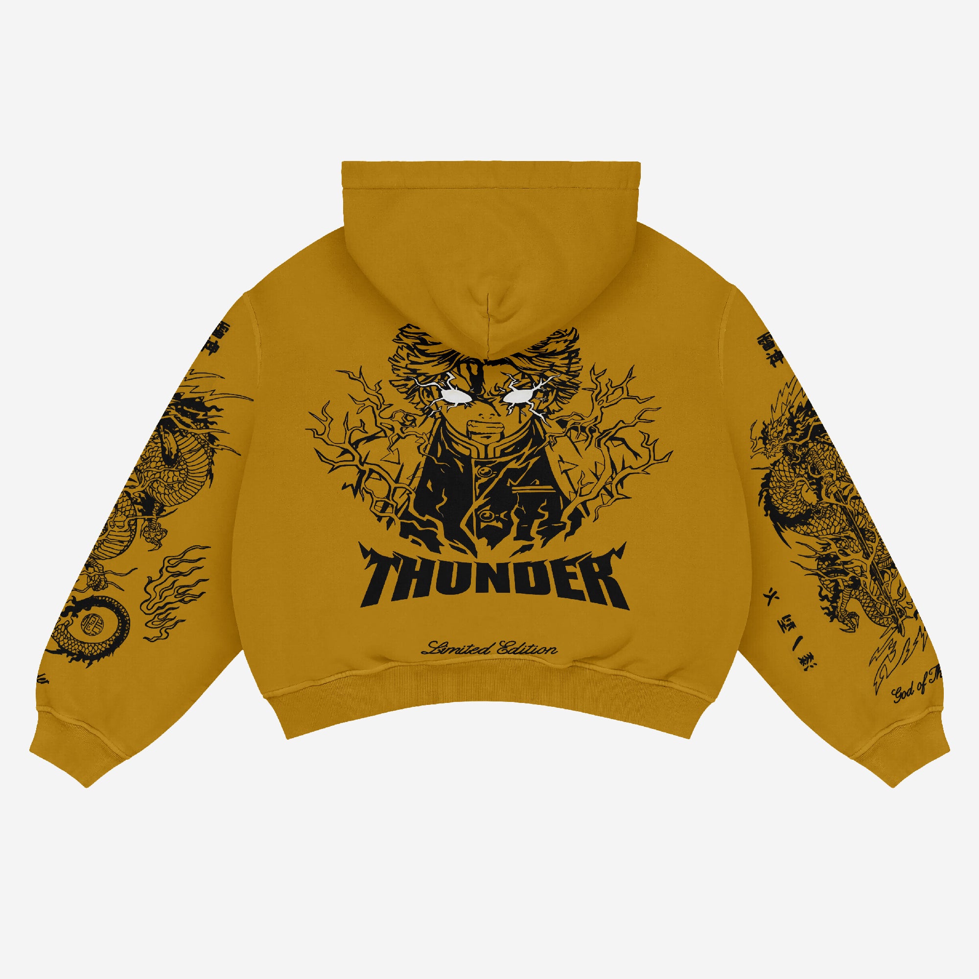 The "Thunder God" hoodie by Demon Slayer is a mustard yellow, limited edition streetwear piece featuring Zenitsu Agatsuma-inspired designs: a stylized character with spiky hair and lightning, the word "THUNDER," plus intricate dragon and fire patterns on the sleeves.