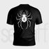 The Seakoff Phantom Troupe Spider Compression Gym Shirt features a unique large white spider design with the number 4 on its body. This black shirt offers moisture-wicking technology for comfort during workouts.