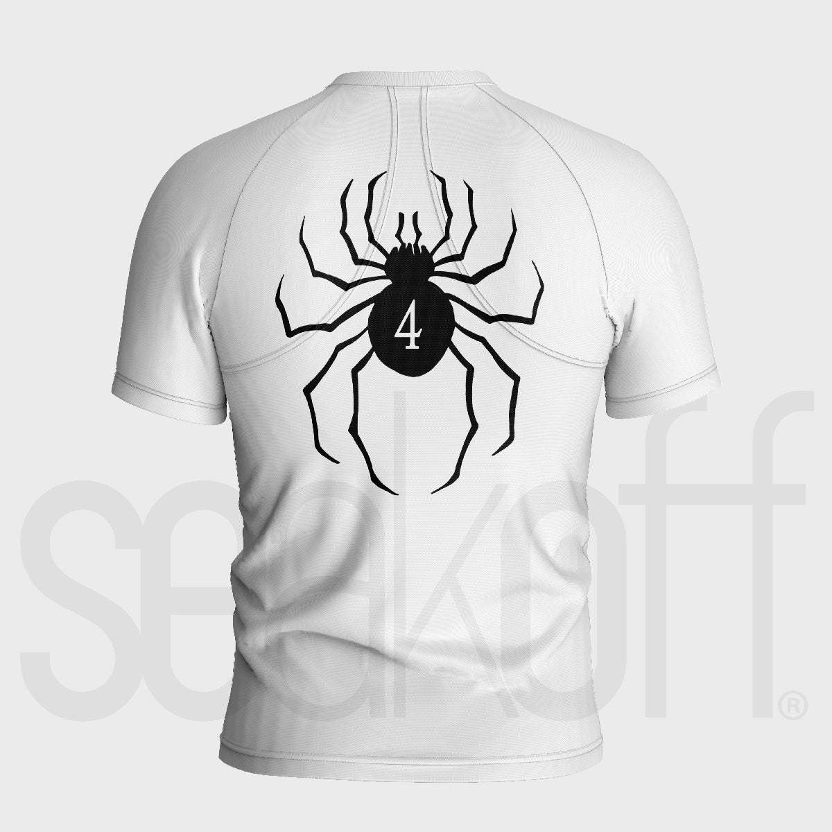 The Seakoff Phantom Troupe Spider Compression Gym Shirt features a white short-sleeved design with a large black spider on the back, number 4 in its center, faint "seekoff" text, and moisture-wicking tech for cool comfort.