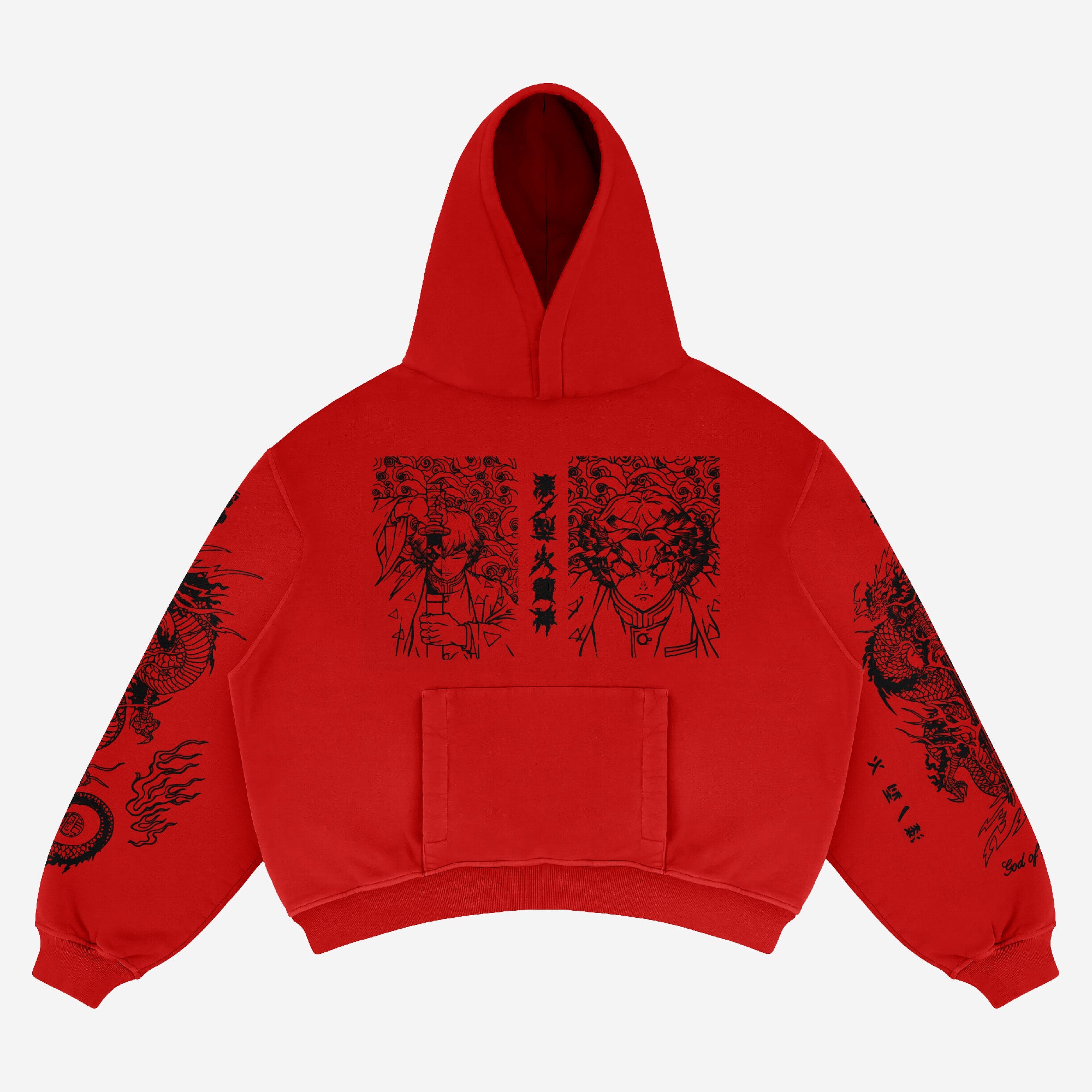 Embrace bold style with the Demon Slayer Zenitsu Agatsuma-Inspired "Thunder God" Limited Edition Streetwear Hoodie. This red piece flaunts black anime art and intricate patterns, featuring sleeve text, symbols, a front pocket, and a drawstring hood.