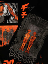The Chainsaw Man Hoodie, made of 360 GSM cotton, showcases manga illustrations with two people on a complex structure surrounded by anime characters and the text "It&