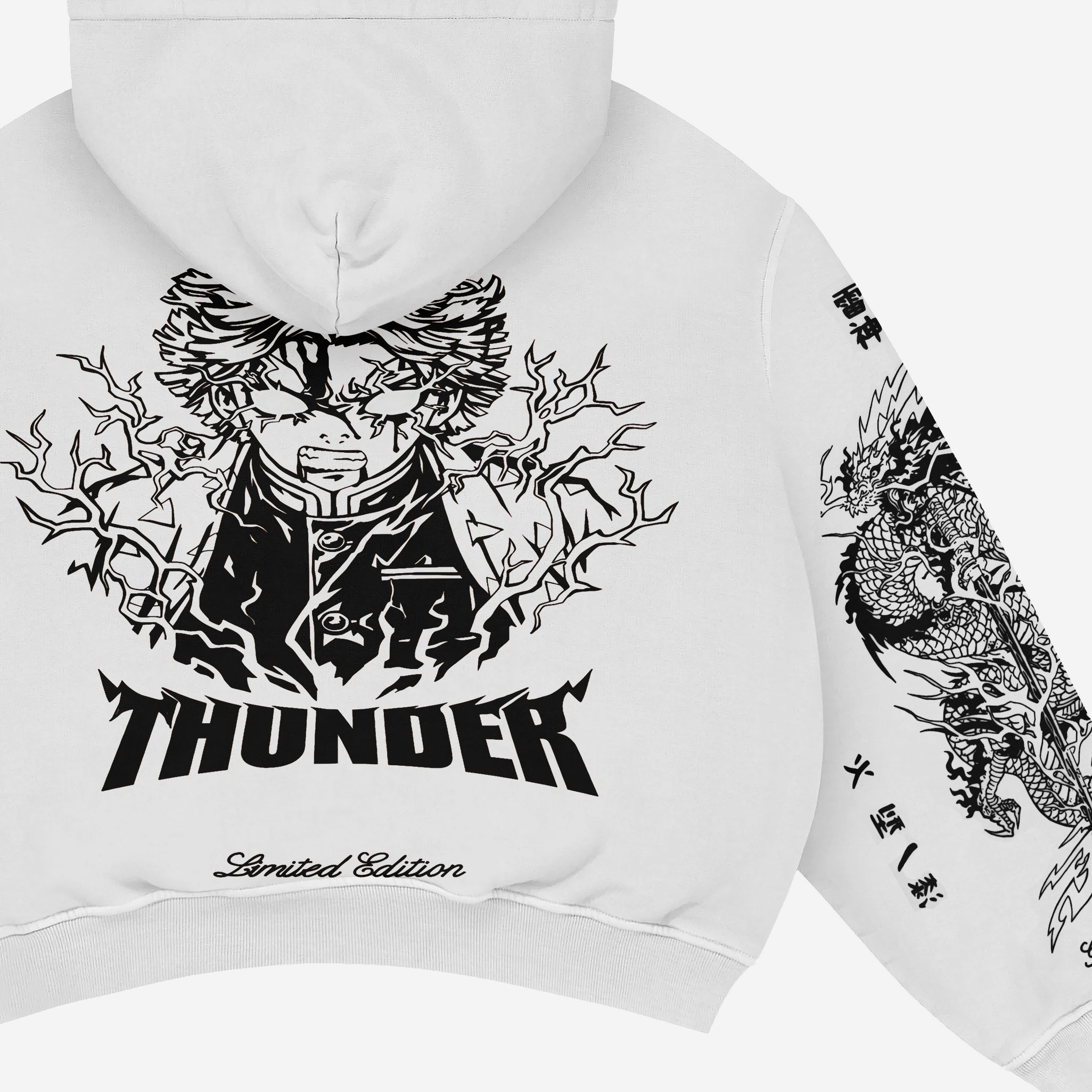 The Zenitsu Agatsuma-Inspired "Thunder God" hoodie by Demon Slayer offers anime streetwear flair with a bold graphic of a lightning-clad figure, the word "THUNDER," intricate dragon details and symbols on the sleeve, and "Limited Edition" at the bottom—ideal for fans.