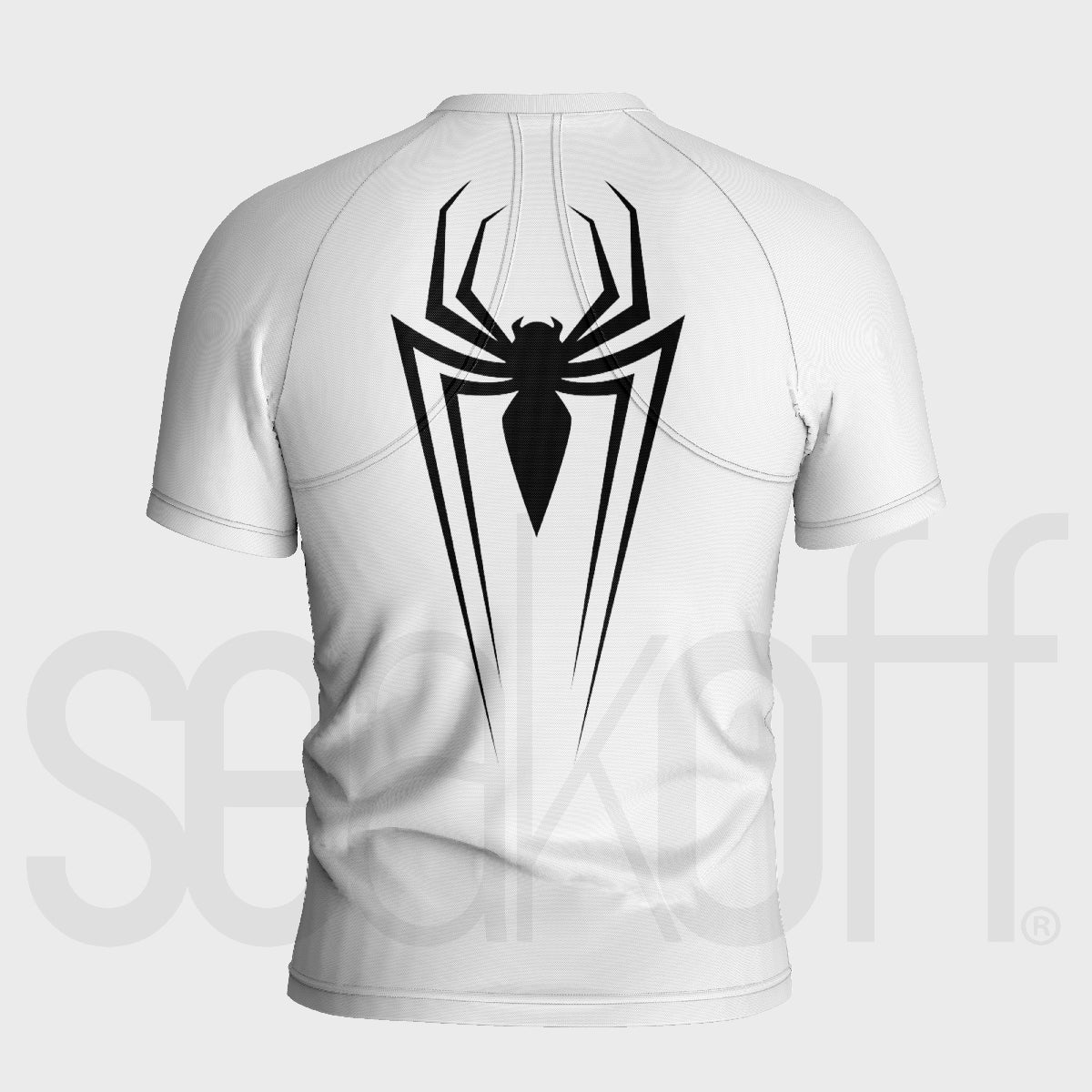 A back view of a white, short-sleeve "Spider Symbol Compression Gym Shirt" by Seakoff shows a large black spider graphic. This anime-inspired, fitted gym shirt provides compression support on a plain background. The brand name is partially visible in faint text behind the shirt.