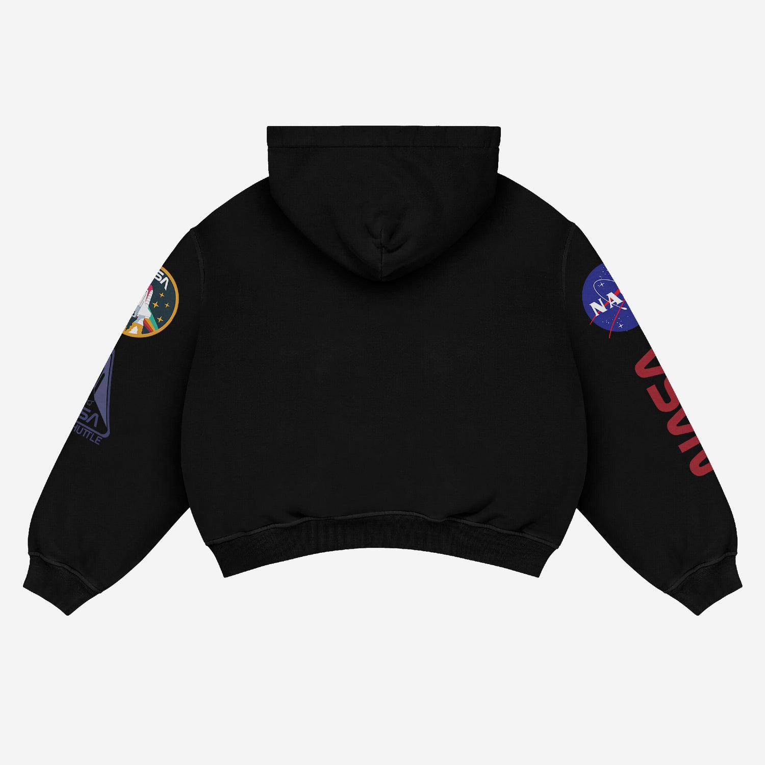 The Exclusive Yuji Itadori NASA Anime Hoodie by Jujutsu Kaisen is a black hoodie featuring a hood, NASA logo on the right sleeve, a similar patch on the left sleeve, "NASA" printed in red on the right arm, and a plain back. Perfect apparel for Jujutsu Kaisen fans.
