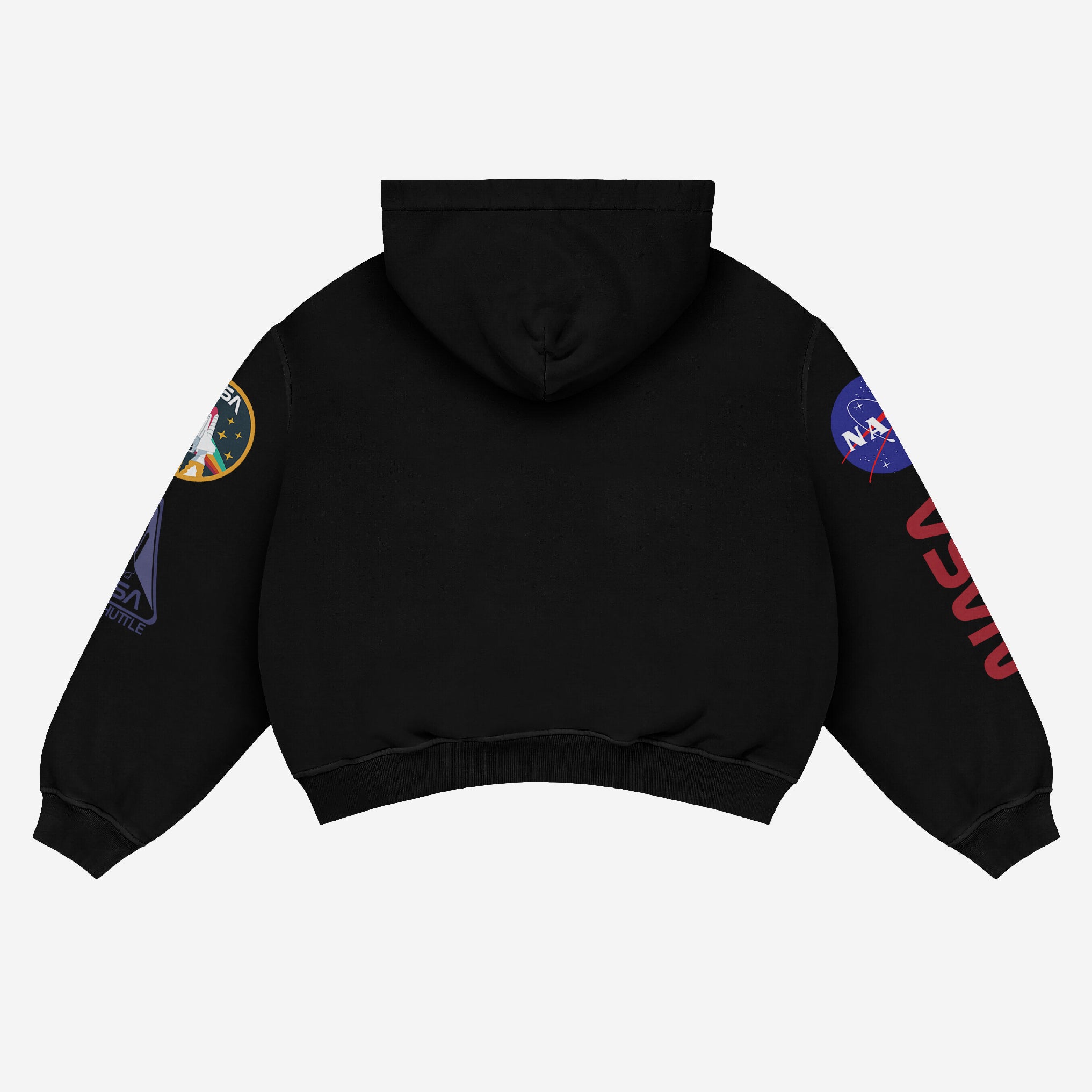 The Exclusive Yuji Itadori NASA Anime Hoodie by Jujutsu Kaisen is a black hoodie featuring a hood, NASA logo on the right sleeve, a similar patch on the left sleeve, "NASA" printed in red on the right arm, and a plain back. Perfect apparel for Jujutsu Kaisen fans.