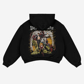 A Death Note Anime Hoodie in black showcases Light Yagami and L in dynamic poses, surrounded by a spiky circular design, ideal for anime fans. The hoodie has "DEMON SLAYER" text at the top and is shown against a plain white background.