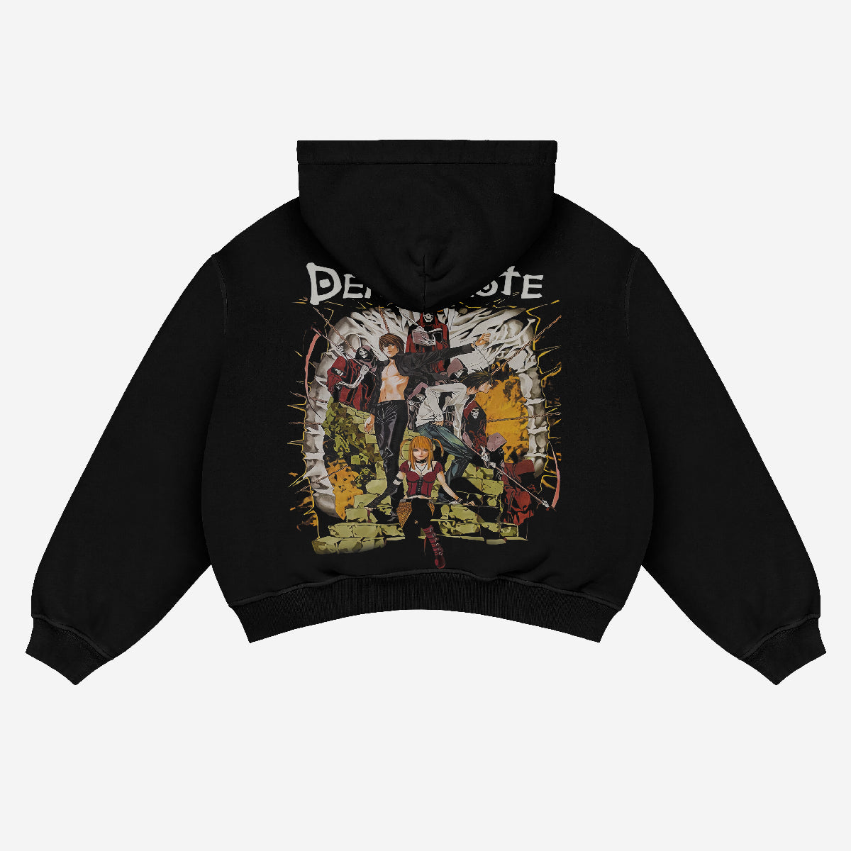 A Death Note Anime Hoodie in black showcases Light Yagami and L in dynamic poses, surrounded by a spiky circular design, ideal for anime fans. The hoodie has "DEMON SLAYER" text at the top and is shown against a plain white background.