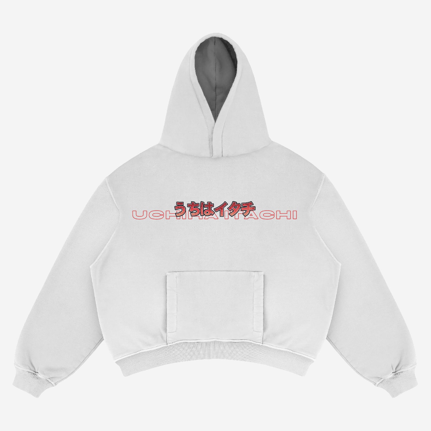 The Naruto Itachi Uchiha Hoodie is a 100% cotton, light gray street-style anime apparel featuring red and black stylized text with "Uchiha Itachi" on the front. It has a kangaroo pocket, ribbed cuffs, and hem, ideal for street-style enthusiasts. Laid flat against a light background.