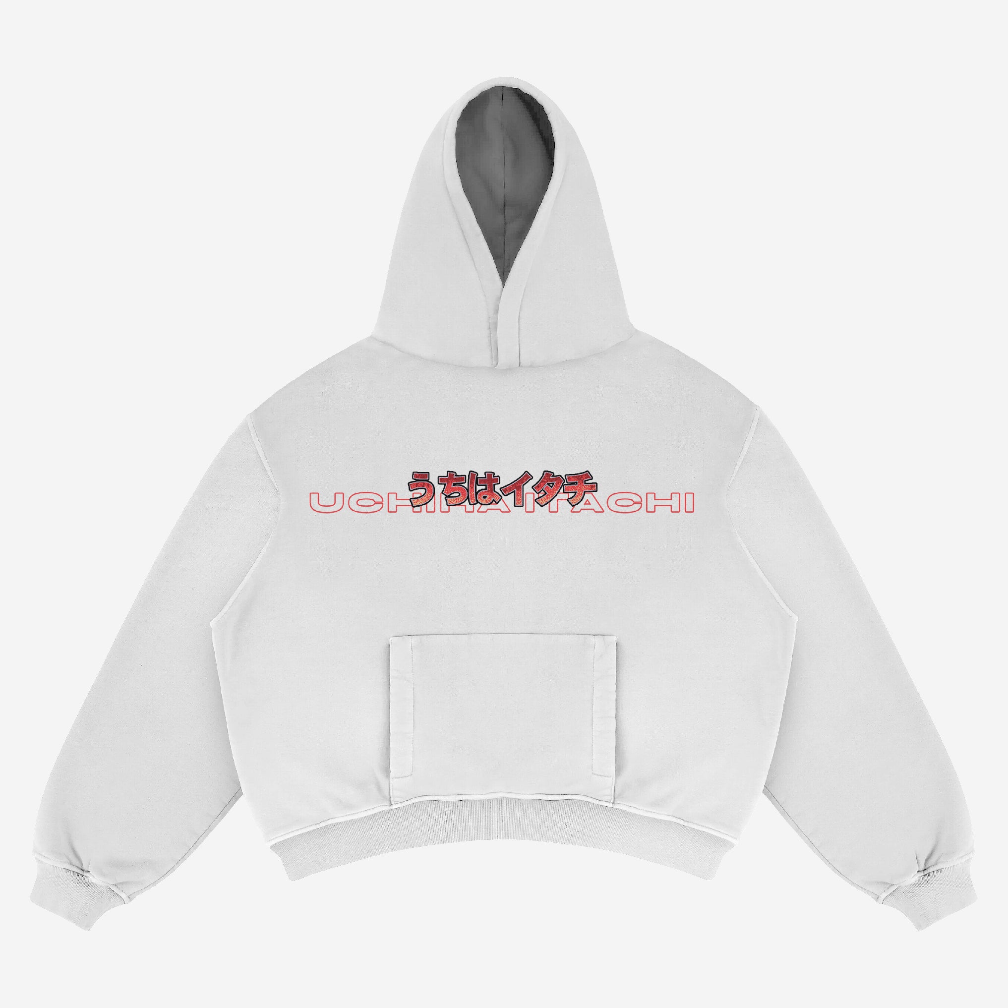 The Naruto Itachi Uchiha Hoodie is a 100% cotton, light gray street-style anime apparel featuring red and black stylized text with "Uchiha Itachi" on the front. It has a kangaroo pocket, ribbed cuffs, and hem, ideal for street-style enthusiasts. Laid flat against a light background.