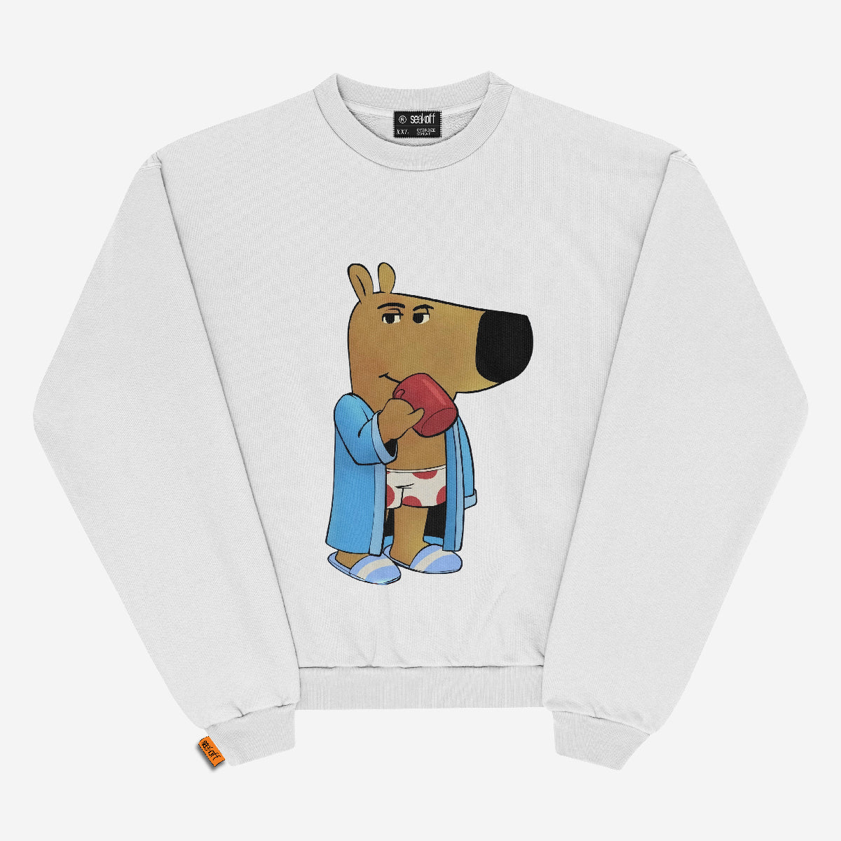Introducing the Morning Chill Guy Sweatshirt by Chill Guy: a cozy fleece-lined cotton pullover available in black, white, and blue, featuring a cartoon bear in a robe with slippers and heart-patterned shorts holding a red mug, embodying relaxed vibes.