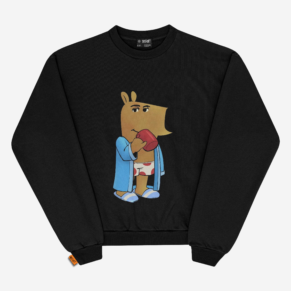 The Chill Guy Morning Chill Guy Sweatshirt is a relaxed, fleece-lined cotton pullover featuring a cartoon horse head character in a blue robe with slippers and patterned shorts, holding a red cup. Available in black, white, and blue.