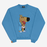Introducing the Chill Guy Morning Chill Guy Sweatshirt—a cozy, meme-inspired pullover available in Black, White, and Blue. This fleece-lined cotton sweatshirt features a relaxed fit with a cartoon brown dog in a blue robe, red boxing gloves, and slippers against a plain white background.