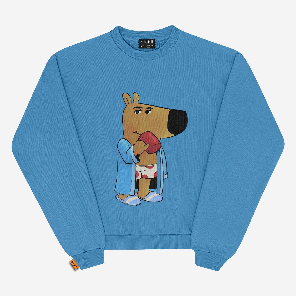 Introducing the Chill Guy Morning Chill Guy Sweatshirt—a cozy, meme-inspired pullover available in Black, White, and Blue. This fleece-lined cotton sweatshirt features a relaxed fit with a cartoon brown dog in a blue robe, red boxing gloves, and slippers against a plain white background.