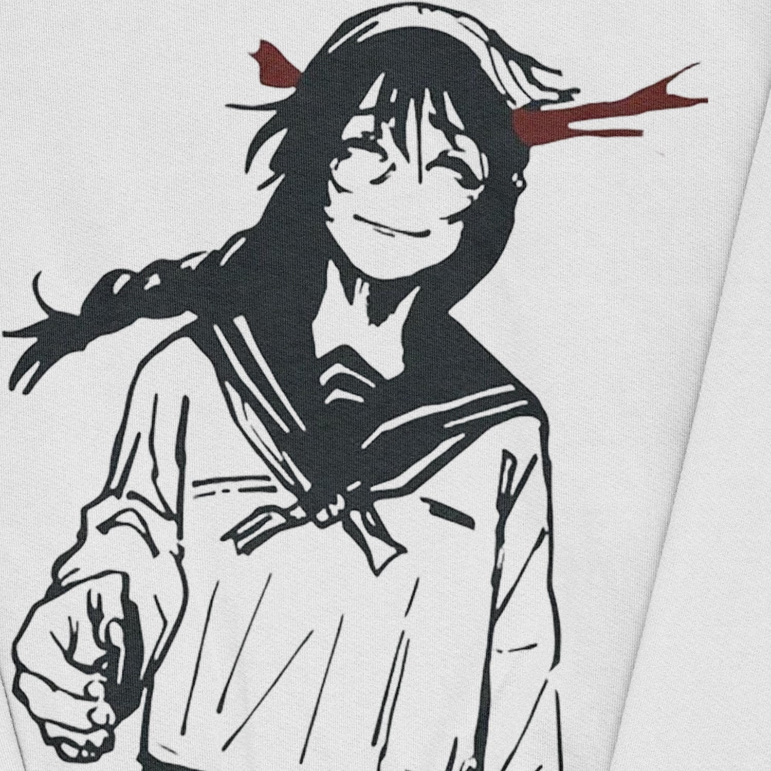 Illustration of a character styled like Riko Amanai in a sailor-style school uniform with a braid, closed eyes, and red accents reminiscent of blood splatters. Set against a plain white background, it captures the essence of Jujutsu Kaisen anime streetwear featured on the Riko Amanai & Toji Fushiguro crewneck sweatshirt.