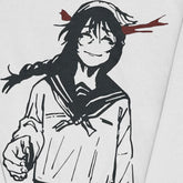 Illustration of a character styled like Riko Amanai in a sailor-style school uniform with a braid, closed eyes, and red accents reminiscent of blood splatters. Set against a plain white background, it captures the essence of Jujutsu Kaisen anime streetwear featured on the Riko Amanai & Toji Fushiguro crewneck sweatshirt.