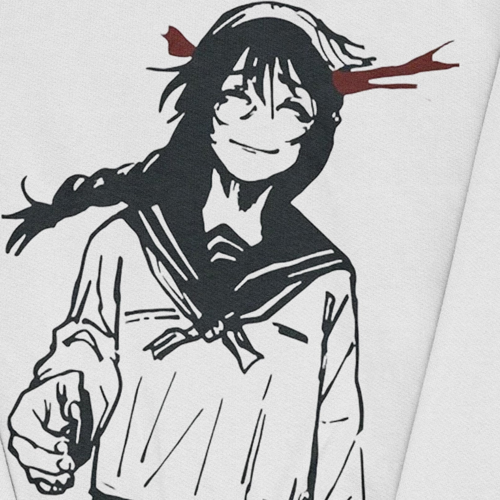 Illustration of a character styled like Riko Amanai in a sailor-style school uniform with a braid, closed eyes, and red accents reminiscent of blood splatters. Set against a plain white background, it captures the essence of Jujutsu Kaisen anime streetwear featured on the Riko Amanai & Toji Fushiguro crewneck sweatshirt.