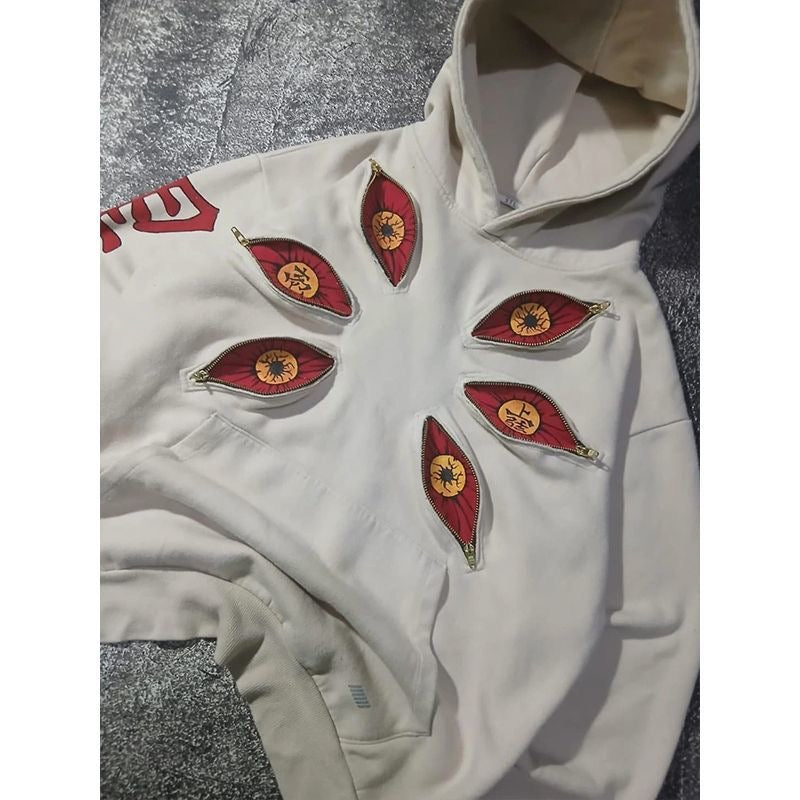 Six-Eyed Embroidered Pure Cotton Hoodie – Dark Eastern Aesthetic Streetwear