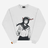 The Jujutsu Kaisen Riko Amanai & Toji Fushiguro Crewneck Sweatshirt in white features a stylized illustration of a character with long hair and sailor-style outfit, smiling and reaching forward. Red accents on the head and an orange tag on the hem make this perfect for anime streetwear fans.