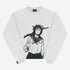 The Jujutsu Kaisen Riko Amanai & Toji Fushiguro Crewneck Sweatshirt in white features a stylized illustration of a character with long hair and sailor-style outfit, smiling and reaching forward. Red accents on the head and an orange tag on the hem make this perfect for anime streetwear fans.