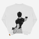 This white Jujutsu Kaisen Riko Amanai & Toji Fushiguro crewneck sweatshirt features a black and white back-view illustration of a man holding a smartphone, complemented by an orange tag on the bottom left for a subtle color pop.