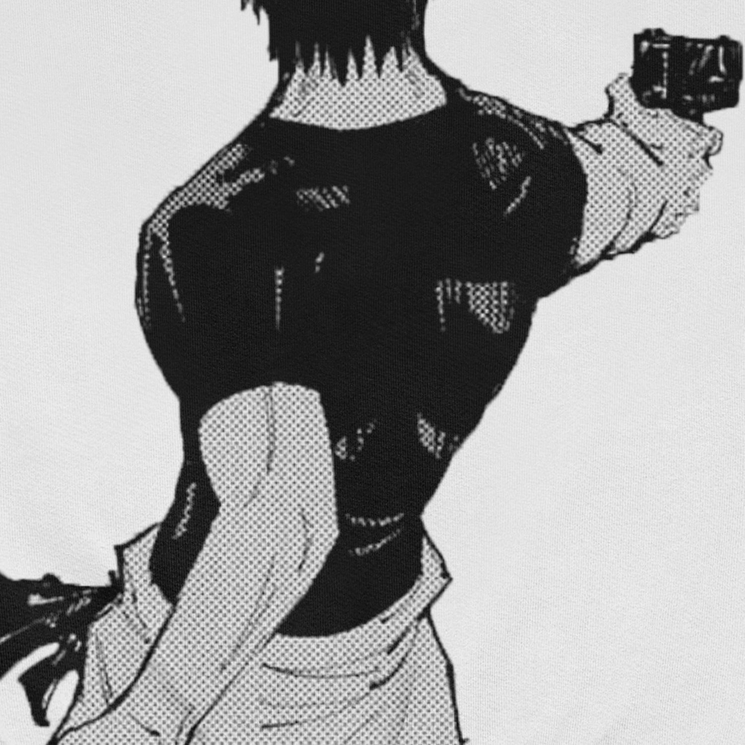 A black-and-white illustration shows a person with short, dark hair holding a gun in their right hand, seen from the back wearing a Jujutsu Kaisen Riko Amanai & Toji Fushiguro Crewneck Sweatshirt featuring halftone texture.