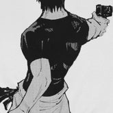 A black-and-white illustration shows a person with short, dark hair holding a gun in their right hand, seen from the back wearing a Jujutsu Kaisen Riko Amanai & Toji Fushiguro Crewneck Sweatshirt featuring halftone texture.