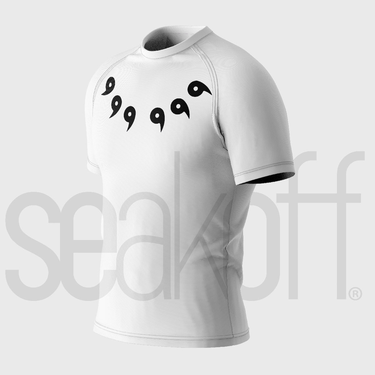 The Naruto Six Paths Compression Gym Shirt is a high-quality, breathable workout top featuring a white short-sleeved design with black comma symbols in a semi-circle on the chest. The plain background has "seaoff" subtly visible, ideal for fans seeking style and comfort during workouts.