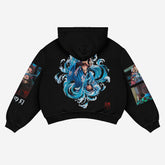 The Demon Slayer Hoodie, featuring Tanjiro’s Water Breathing Design, boasts a vibrant high-definition print of Tanjiro Kamado with dynamic water elements on the back. The sleeves have additional character art and Japanese text. Made from 360 GSM cotton, this unisex streetwear is perfect for anime fans seeking style and comfort.