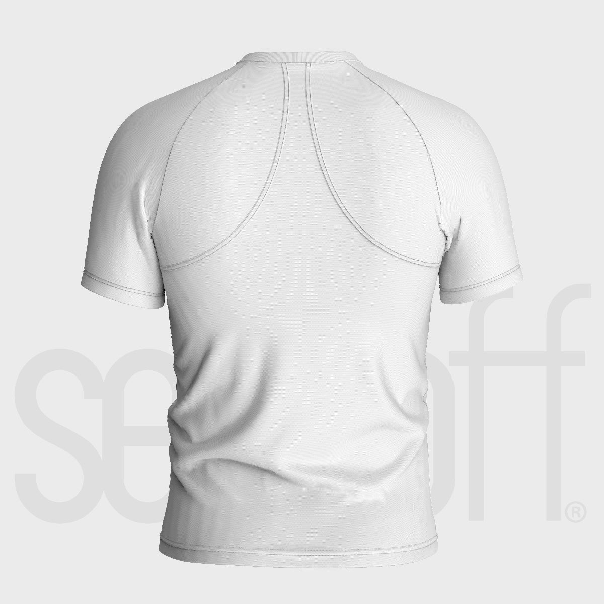 The Naruto Six Paths Compression Gym Shirt, a high-quality breathable workout top, is shown from the back in white. It features curved seam lines on a plain background with "seatoff" faintly visible in light gray, providing high elasticity ideal for intense workouts.