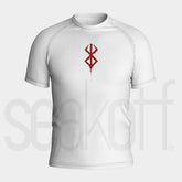 The Berserk Minimalist Anime Symbol Compression Gym Shirt, a high-quality moisture-wicking workout top, features a white short-sleeve design inspired by anime gym wear with a red abstract symbol centered on the chest. A faint "sealoff" watermark is subtly visible behind the shirt.