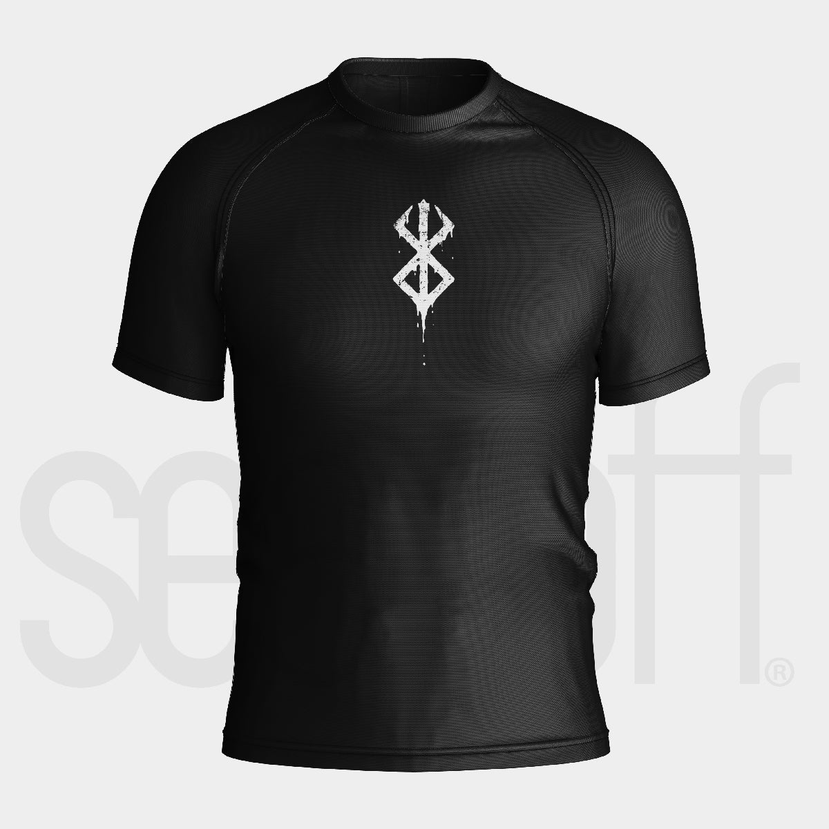 The Berserk "Minimalist Anime Symbol Compression Gym Shirt" is a black short-sleeve workout top featuring a white symbol design. Made with smooth, fitted, moisture-wicking fabric for comfort and style, it stands out against a light gray background, ideal for anime fans who love to stay active.