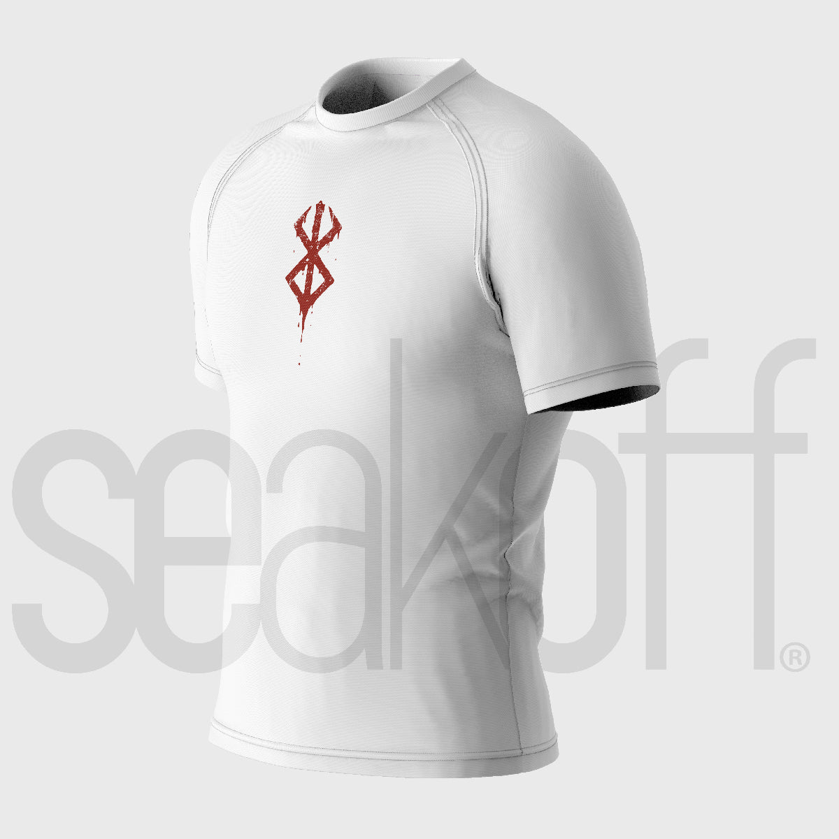 A white short-sleeve gym shirt with a red abstract symbol on the chest, reminiscent of anime. Displayed on a plain backdrop, "Berserk" is subtly overlaid in large text across the image.