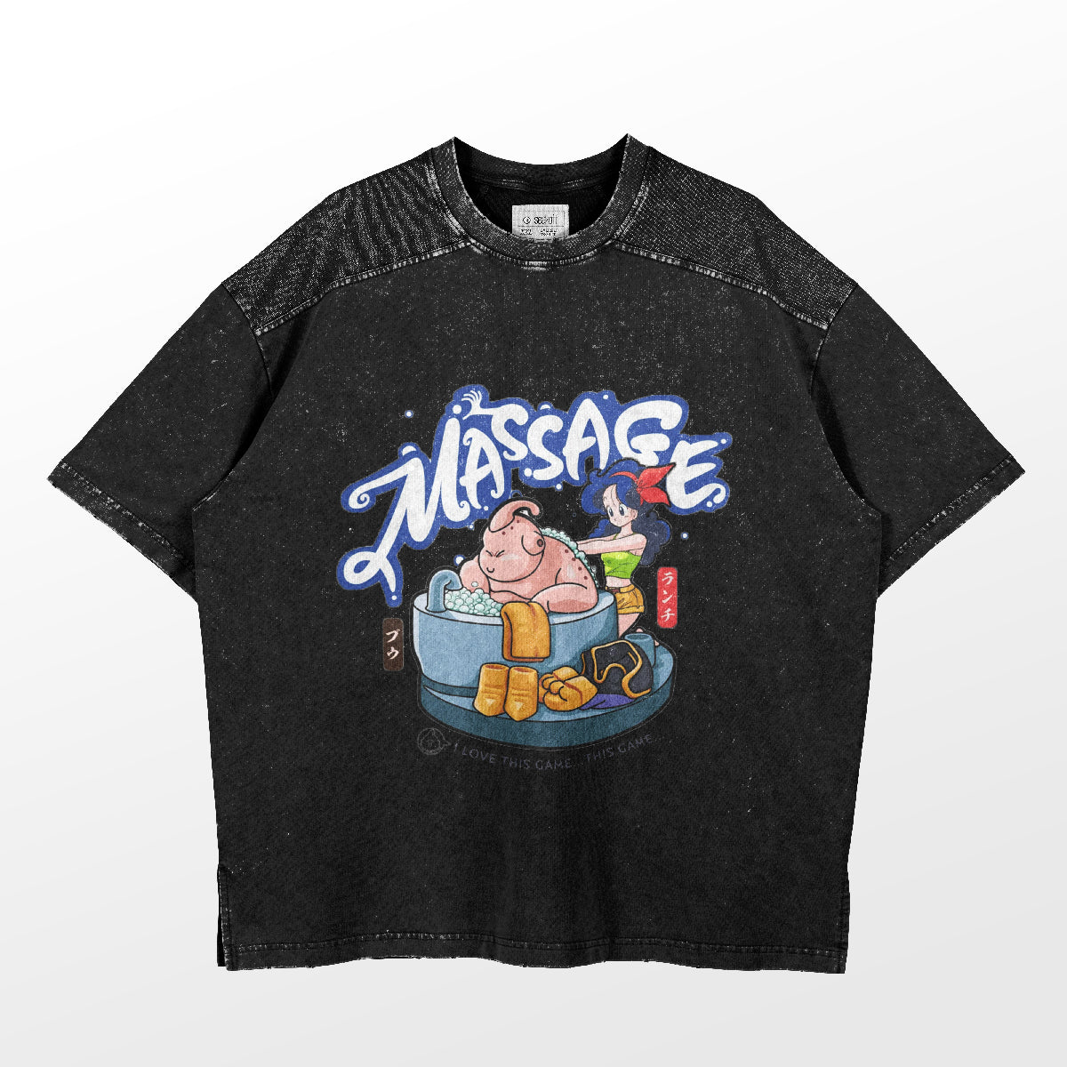 The Seakoff Retro Dragon Ball Parody T-Shirt showcases a cartoon of Majin Buu enjoying a spa massage in a wooden tub, with "MASSAGE" in bold blue above. This oversized tee features spa-themed details like a towel and shoes, ideal for any Dragon Ball enthusiast.