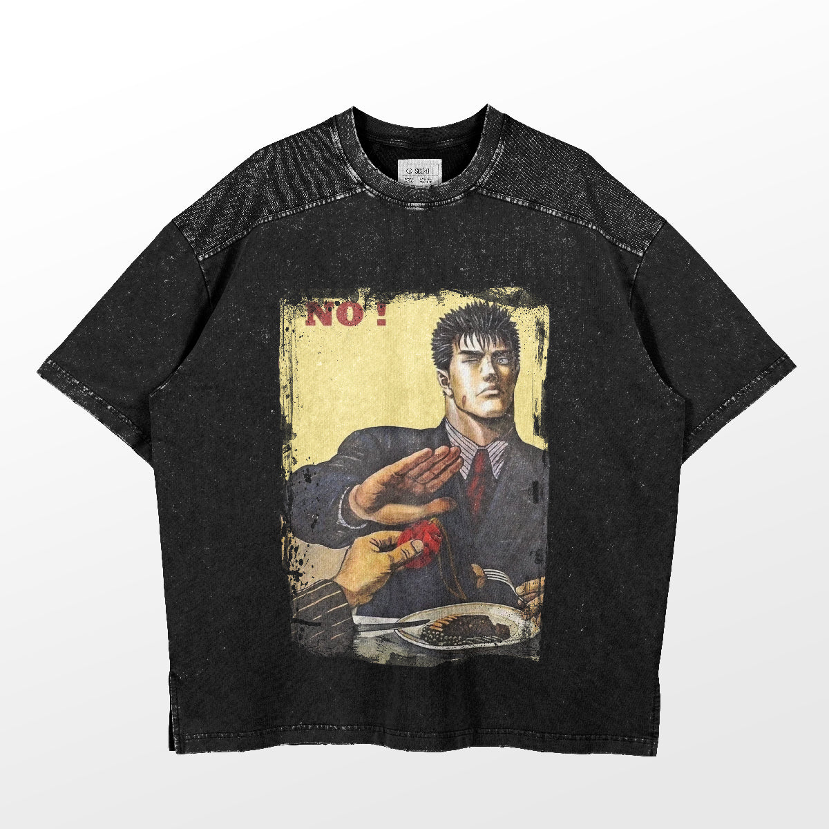 A black Retro Berserk Parody T-shirt by Berserk features a graphic of a man in a suit refusing a drink with "NO!" above him. The shirt has a yellowish distressed background, speckled pattern, and classic crew neck design, embracing vintage anime-inspired fashion.