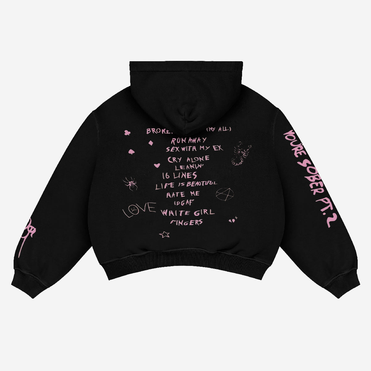 The Lil Peep Anime Hoodie by Seakoff elevates streetwear with pink and white text and doodles like "Runaway," "10 Lines," and "Life is Beautiful," plus hearts, stars, a snake, and pink sleeve text—all channeling an anime-inspired vibe.