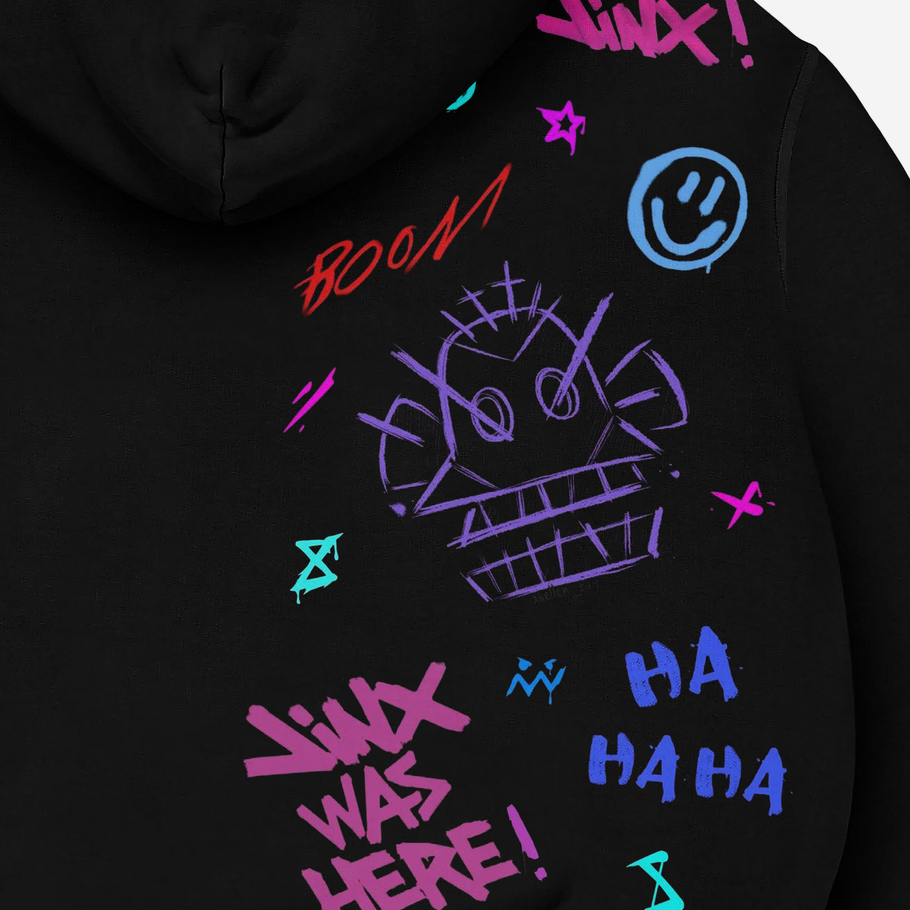 The Seakoff Arcane Jinx Hoodie, a black oversized hoodie, features graffiti-style artwork including "Jinx Was Here!" and "HA HAHA." Made of premium 360 GSM cotton, it boasts vibrant doodles like a smiley face, a robot-like face, and the explosive word "BOOM!".