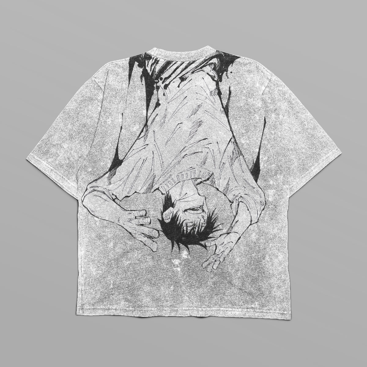 The Jujutsu Kaisen Toji Fushiguro "Reversal" Vintage Oversized T-Shirt in Distressed Black combines anime streetwear vibes with a monochrome illustration of Toji hanging upside down, covering the back in a detailed sketch style against a textured backdrop, merging contemporary flair and vintage charm.