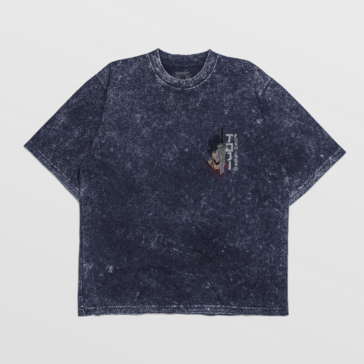 The Jujutsu Kaisen Toji Fushiguro "Behind" oversized T-shirt in distressed black features a textured look and a small chest graphic, embodying anime streetwear flair.