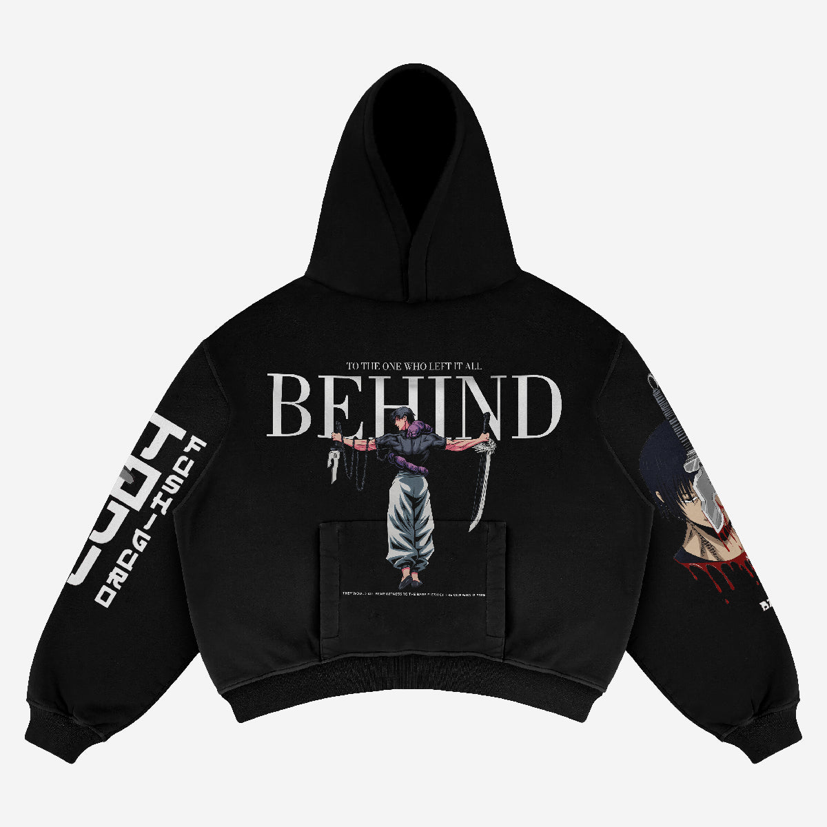 The Jujutsu Kaisen Toji Fushiguro Oversized Hoodie features a sword-wielding warrior on the back, "BEHIND" in bold letters, and extra text on the sleeves and pocket—perfect for anime streetwear fans.