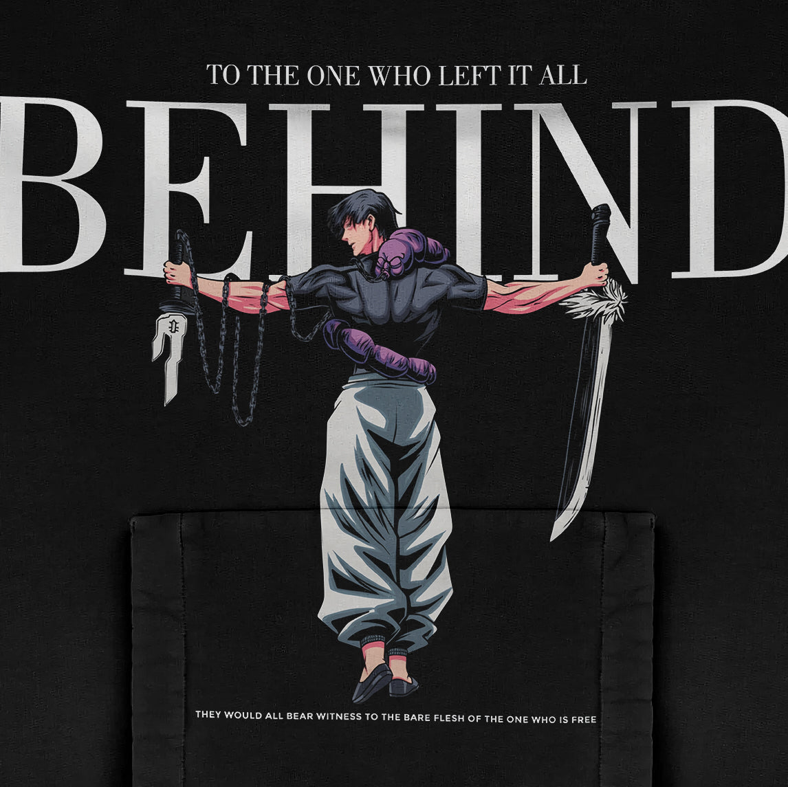 Illustration of a person with outstretched arms holding a sword and chain, clad in the Jujutsu Kaisen Toji Fushiguro Oversized Hoodie – Black Anime Streetwear. Text above says "To the one who left it all behind." Below, it reads: "They would all bear witness to the bare flesh of the one who is free.