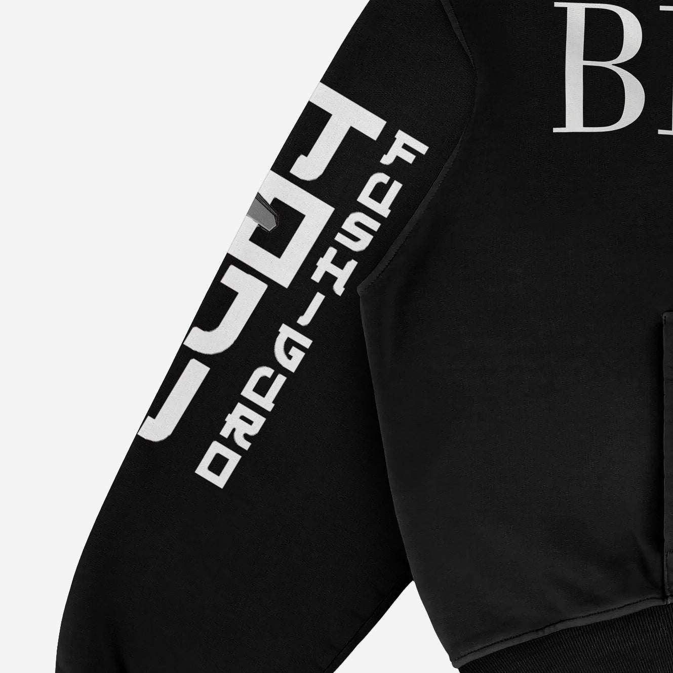 Close-up of a Jujutsu Kaisen Toji Fushiguro Oversized Hoodie sleeve, showcasing "Fushigoro" and "Jujutsu Kaisen" in a stylized font. This eye-catching anime streetwear piece features visible seams and cuffs against a plain background.