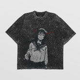 The Jujutsu Kaisen Riko Amanai & Toji Fushiguro Vintage Oversized T-Shirt in black distressed design exudes anime streetwear vibes with a sailor-suited character graphic featuring red-eye marks, perfect for fans.