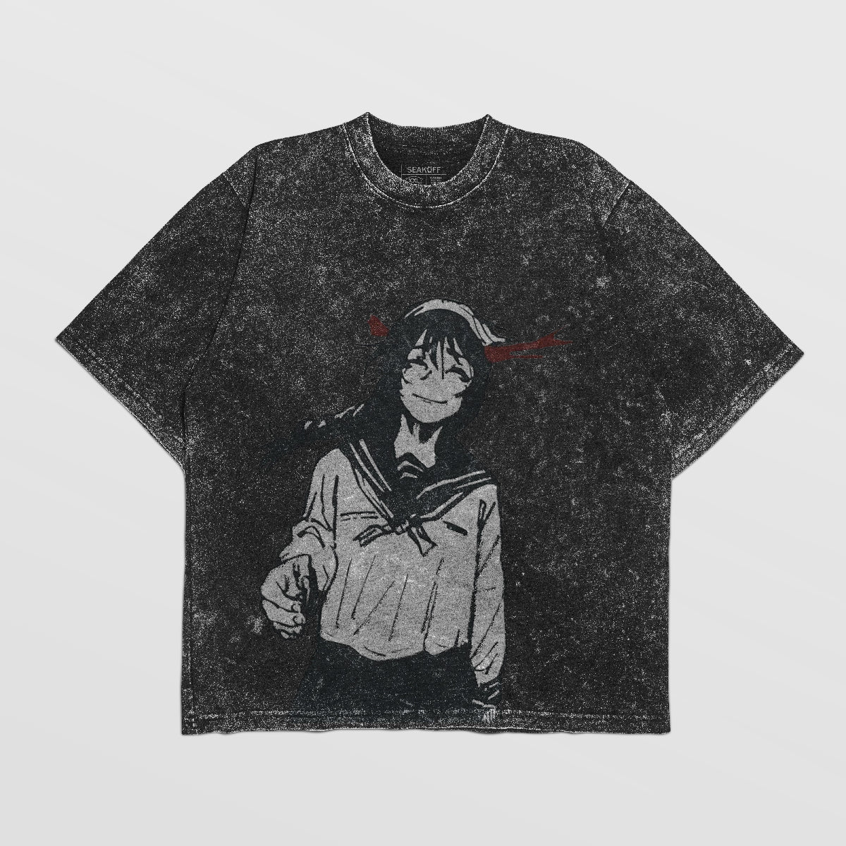 The Jujutsu Kaisen Riko Amanai & Toji Fushiguro Vintage Oversized T-Shirt in black distressed design exudes anime streetwear vibes with a sailor-suited character graphic featuring red-eye marks, perfect for fans.