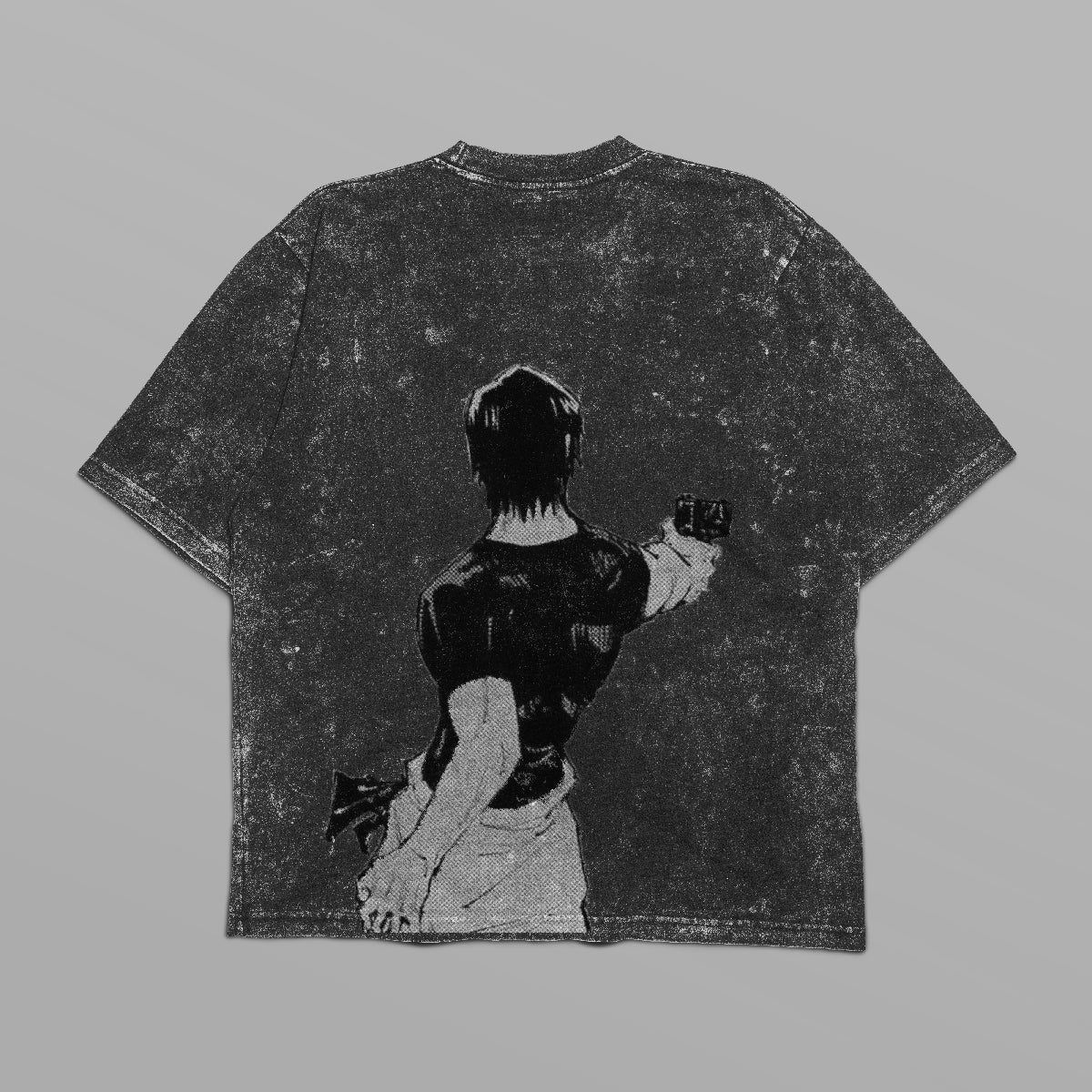 The Jujutsu Kaisen Riko Amanai & Toji Fushiguro Vintage Oversized T-Shirt in black features a faded, textured, distressed look with an anime streetwear vibe, ideal for fans.