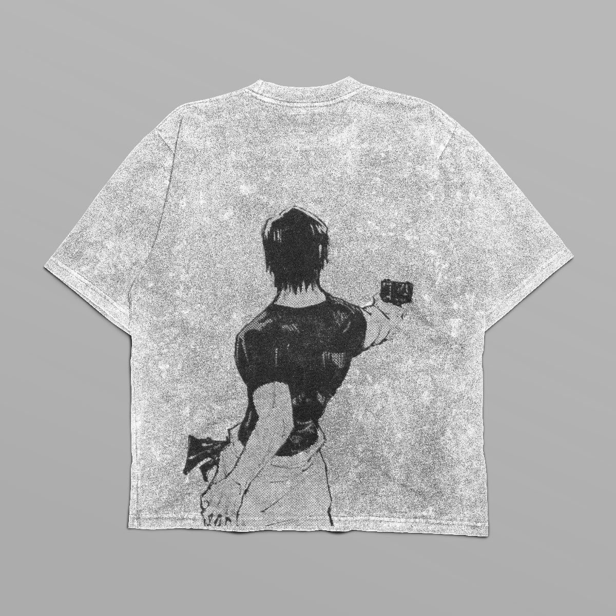 The Jujutsu Kaisen Riko Amanai & Toji Fushiguro Vintage Oversized T-Shirt offers a grunge, textured illustration of a person with a phone, set on a gray background. This black distressed anime streetwear captures an edgy, unique fashion vibe ideal for expressive fans.