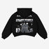 The back of the Official Berserk Manga Panel Hoodie, crafted from premium 360 GSM cotton, features a black collage design with monochromatic illustrations and text. "BERSERK" appears in bold white letters at the top alongside the iconic Brand of Sacrifice.