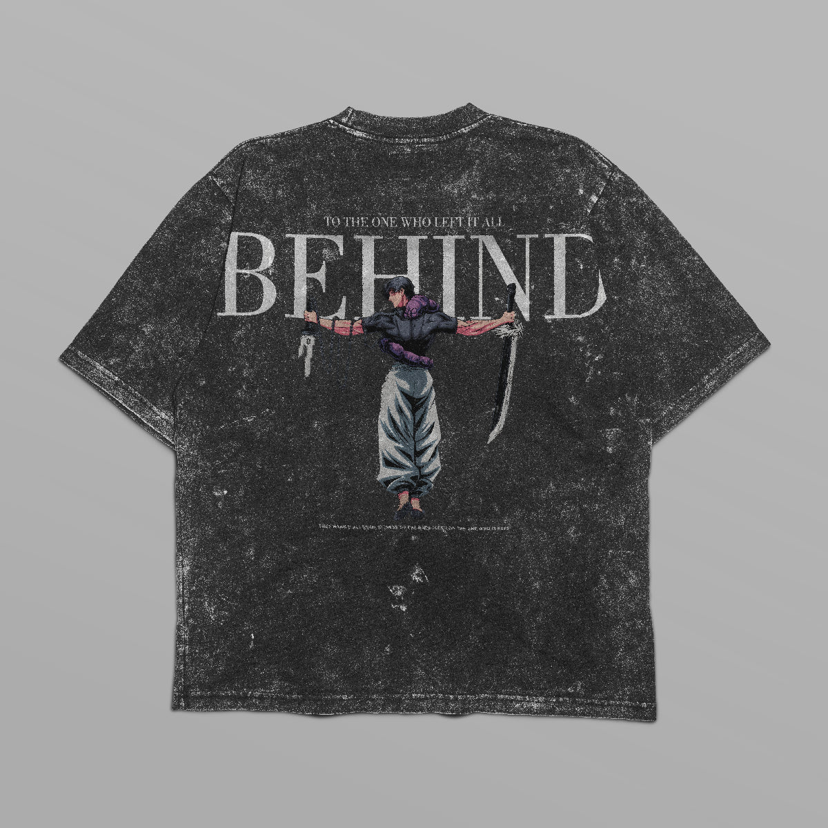The Jujutsu Kaisen Toji Fushiguro "Behind" Vintage Oversized T-Shirt features a streetwear anime graphic with a sword-wielding figure, large "BEHIND" text, and small text surrounding it on distressed black, inspired by Jujutsu Kaisen&