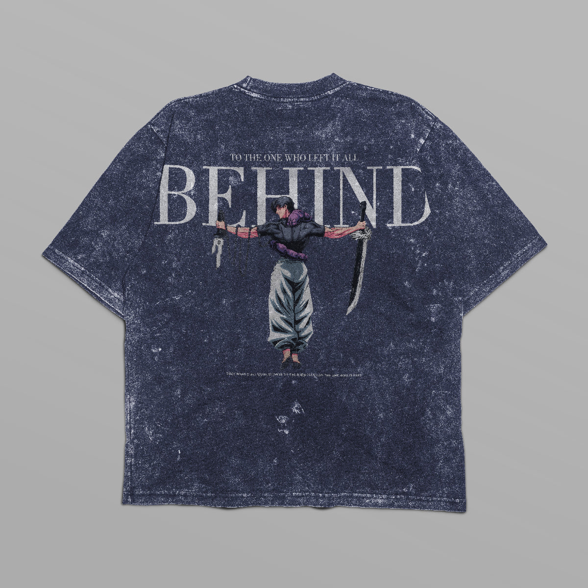 A distressed black oversized Jujutsu Kaisen T-shirt showcases Toji Fushiguro with swords and reads, "To the one who left it all BEHIND," as part of vintage anime streetwear.