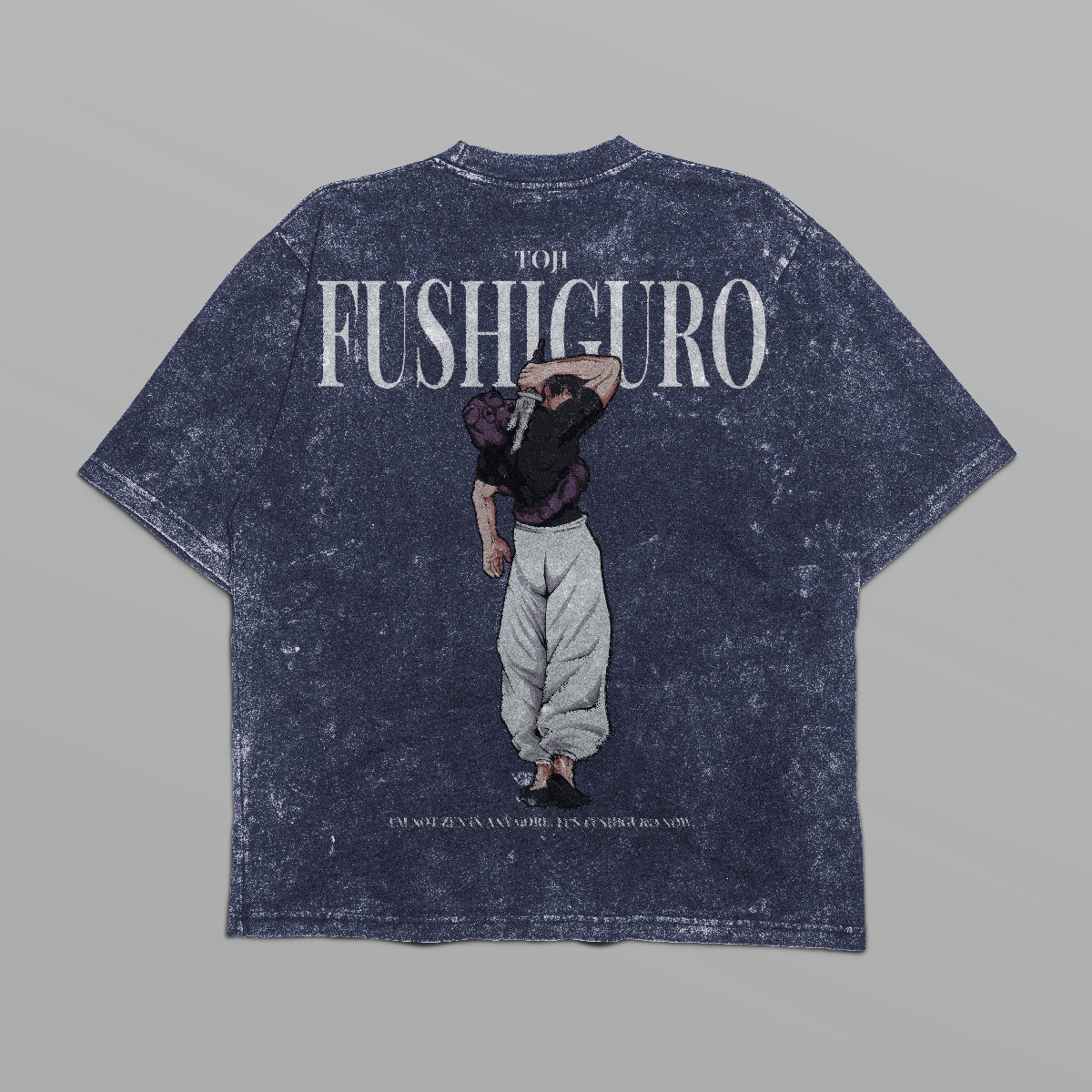 The distressed black Jujutsu Kaisen Toji Fushiguro vintage oversized T-shirt, from the Jujutsu Kaisen brand, features a graphic of a person in white pants and dark top lifting another on their shoulders, with "FUSHIGURO" printed boldly above the scene.