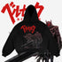 The Official Berserk Armor Hoodie in black and white, made from premium 360 GSM cotton, features stunning graphics of Guts in his berserker armor wielding a massive sword, with "Berserk" boldly displayed above in red. This hoodie is perfect for anime fans seeking iconic style.